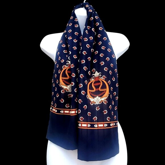 Vintage Horse Scarf Equestrian Retro Rectangular Navy  Brown 26 x 10 Unisex - Picture 1 of 6